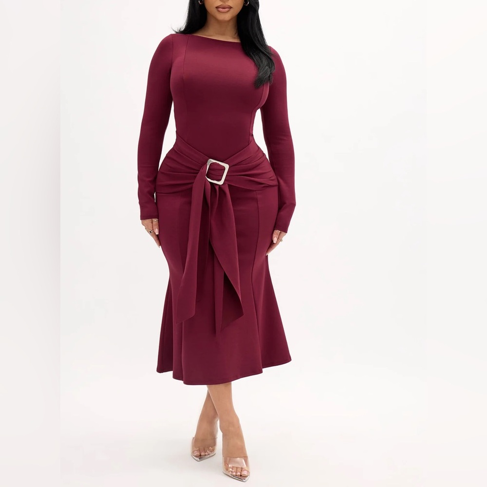 Burgundy Long Sleeve Midi Dress